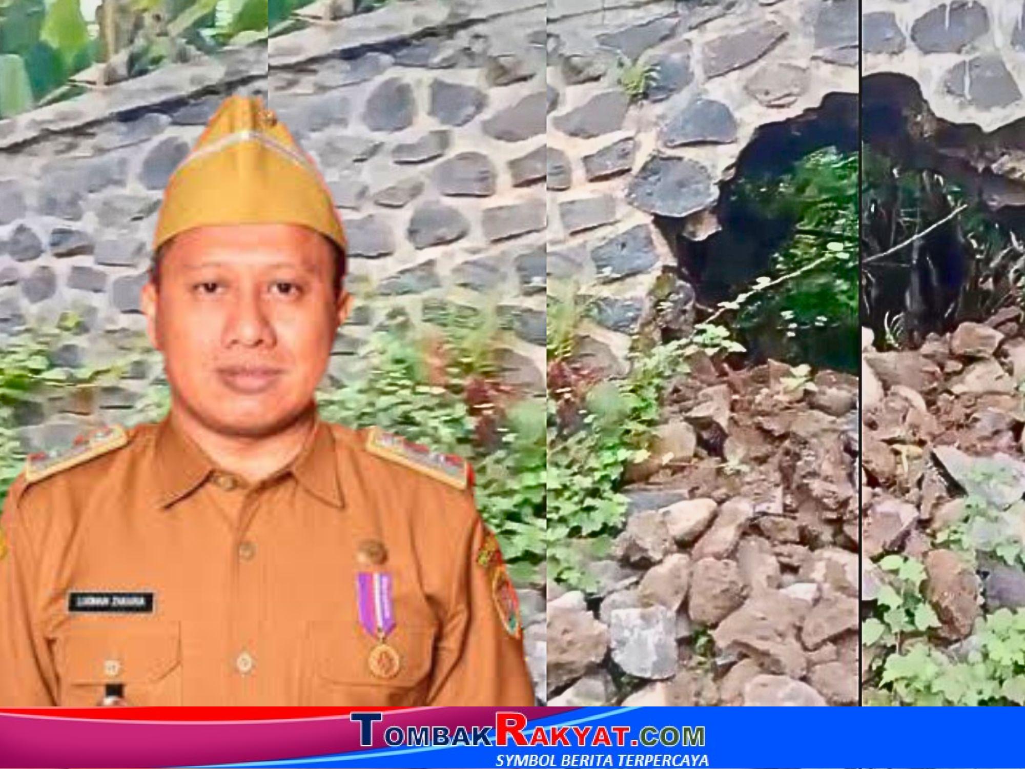 Kepala Desa Rowosari, Kecamatan Rowosari, Kabupaten Kendal, Luqman Zakaria, S.Sis., S.H., NL.P. dengan latar belakang bangunan tanggul yang jebol