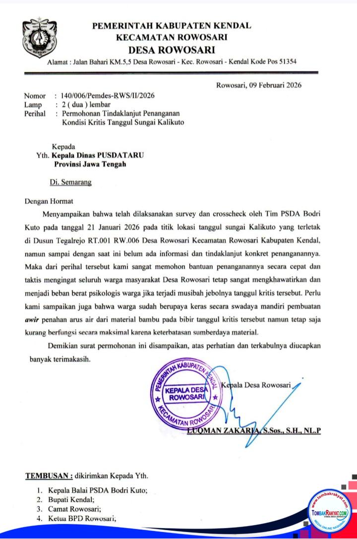 Surat Permohonan kedua tertanggal 09 February 2026, dari Kealadesa Rowosari Kepada dinas PUSDA Dg STindak Lanjut dari Kepaladesa Rowosari Ke Dinas PUSDA TARU Propinsi Jateng