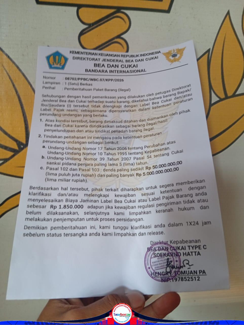 Dokumen Kepabeanan palsu yang di pakai "Al Habib" untuk menakut-nakuti Hr