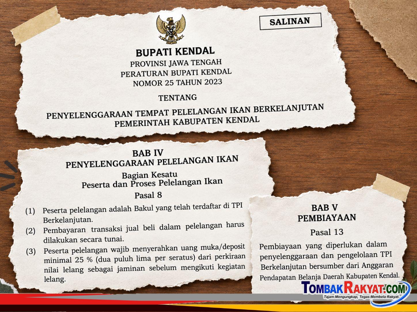 Pebup Kendal Nomor 25 Tahun 2023; mengatur pembayaran hasil lelang dan anggaran pembiayaan pengelolaan TPI